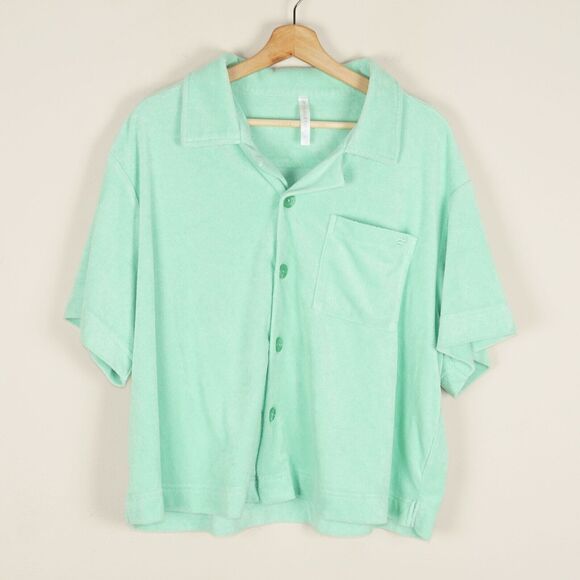 Fabletics Island Terry Tropical Water Green Boxy Button Up Shirt Womens Sz XL - Picture 1 of 7